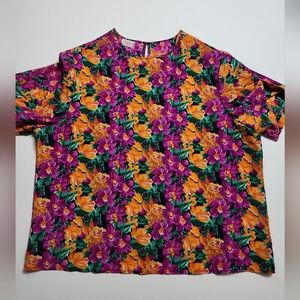 Vintage Lauren Lee Woman Floral Blouse Top Short Sleeve Bright Print 80s 90s